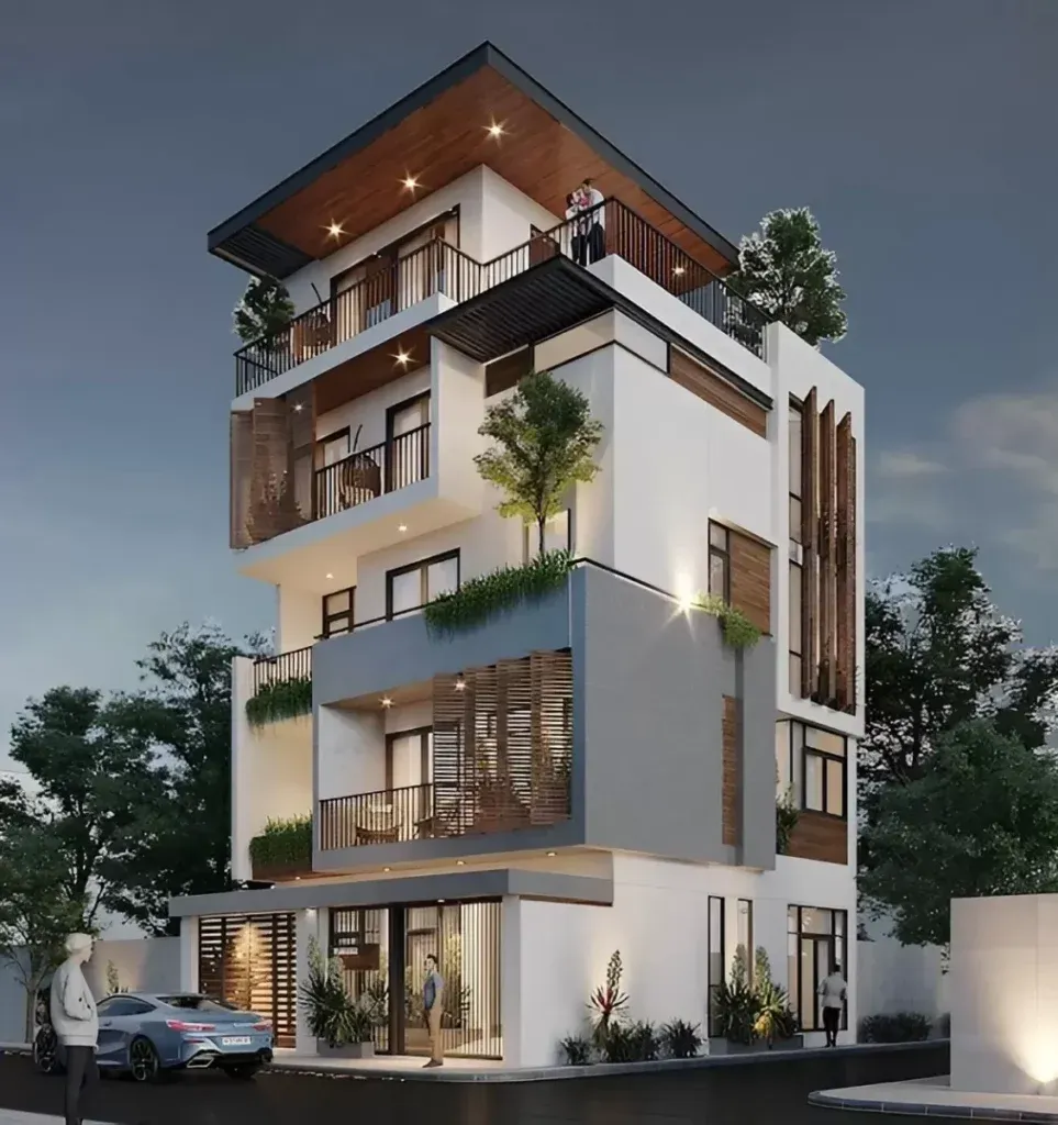 Mẫu nhà phố 5 tầng phong cách mở với thang máy
