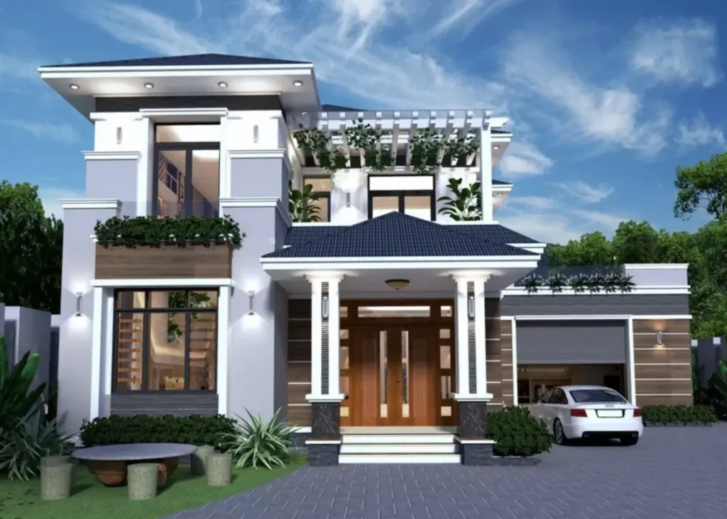 Mẫu nhà 2 tầng mái Nhật thiết kế có gara tích hợp
