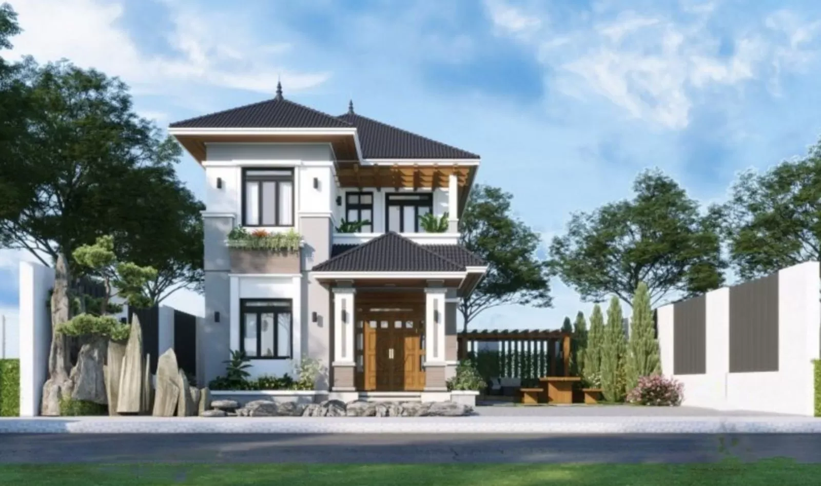 Mẫu nhà 2 tầng mái Nhật bố trí có sân thượng