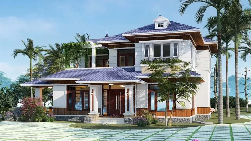 Mẫu nhà 2 tầng mái nhật 8x10m với 4 phòng ngủ