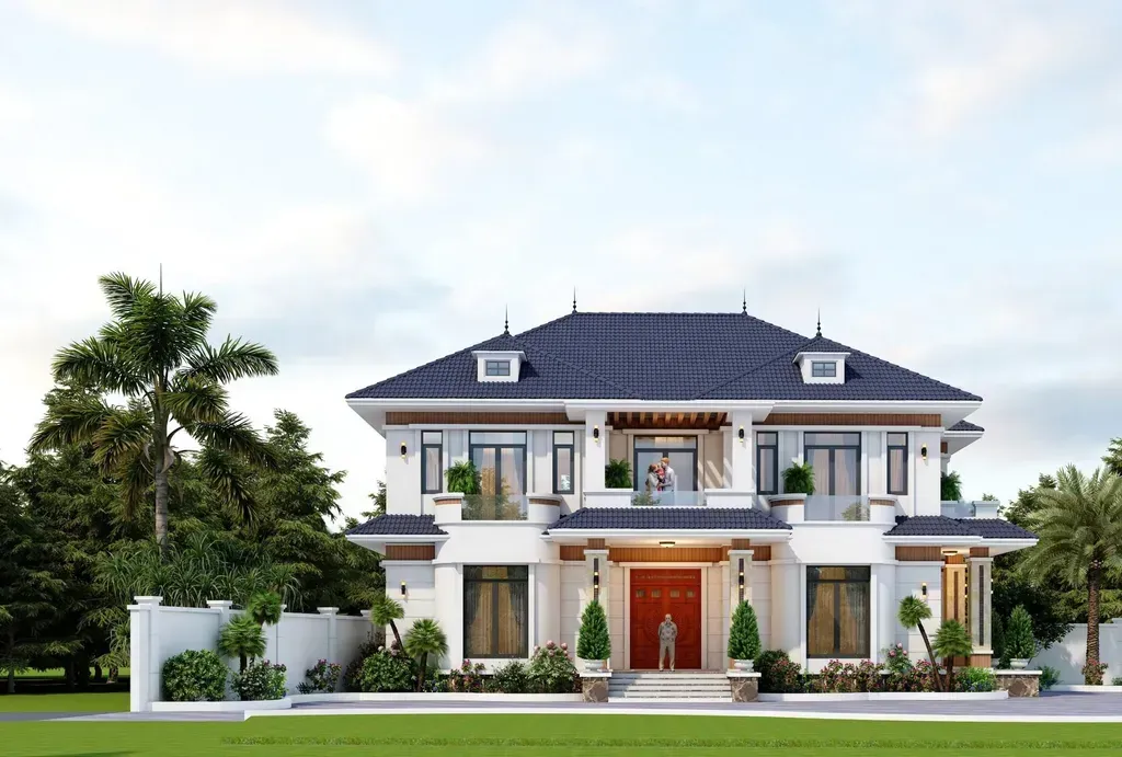 Mẫu nhà vuông 2 tầng thiết kế mái Nhật